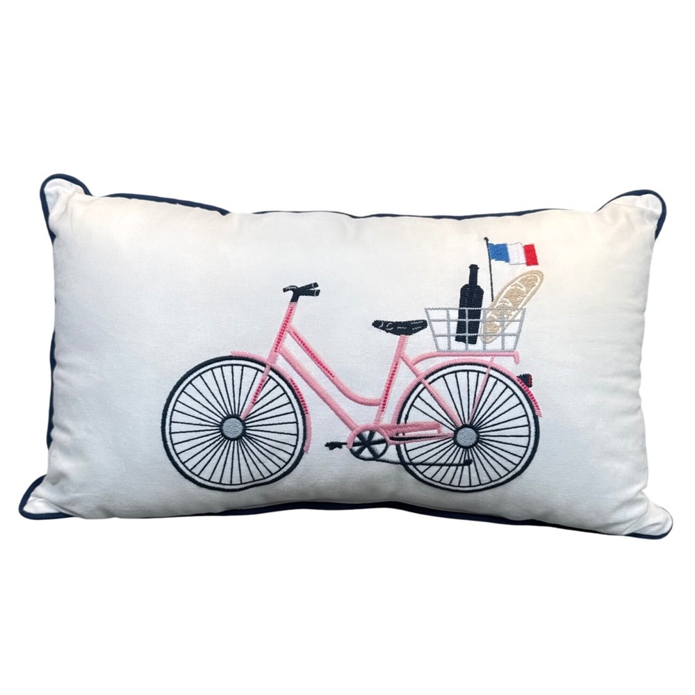 French Country Embroidery Bicycle White Decor‎ Pillow Lumbar Throw Cushion 20x12